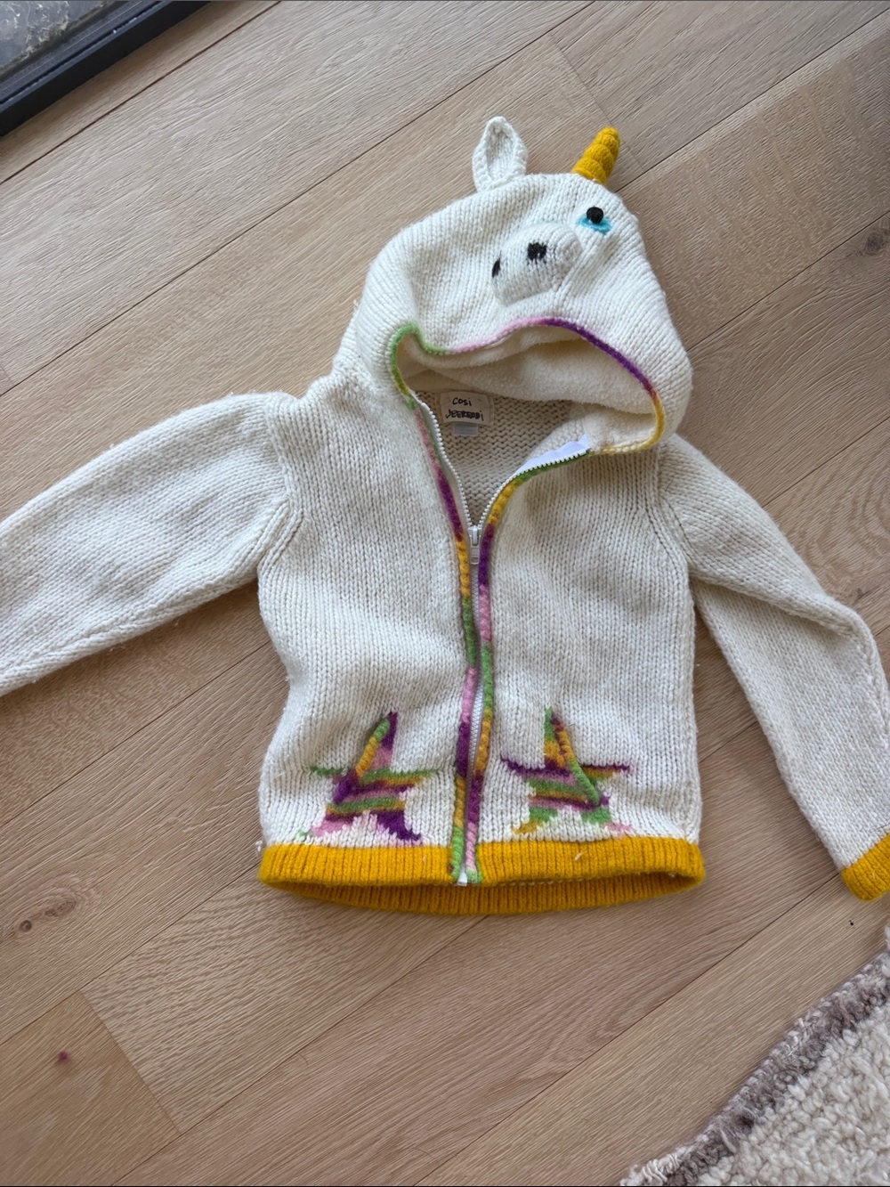 Handmade Ecuadorian wool Cream Knit Unicorn Hoodie with Yellow Trim 4-5y